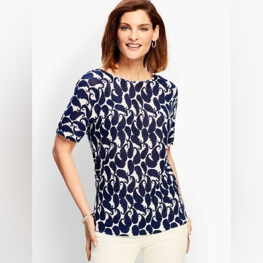 Talbots Blue Shadow Paisley Lightweight V-Back Linen Blend‎ Short Sleeve Sweater